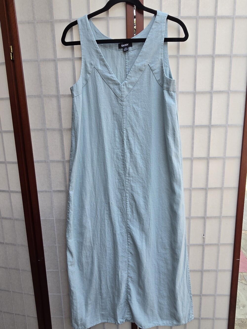 DKNY Light Blue Linen Midi Dress V-Neck Minimalist Coastal Grandma Resortwear